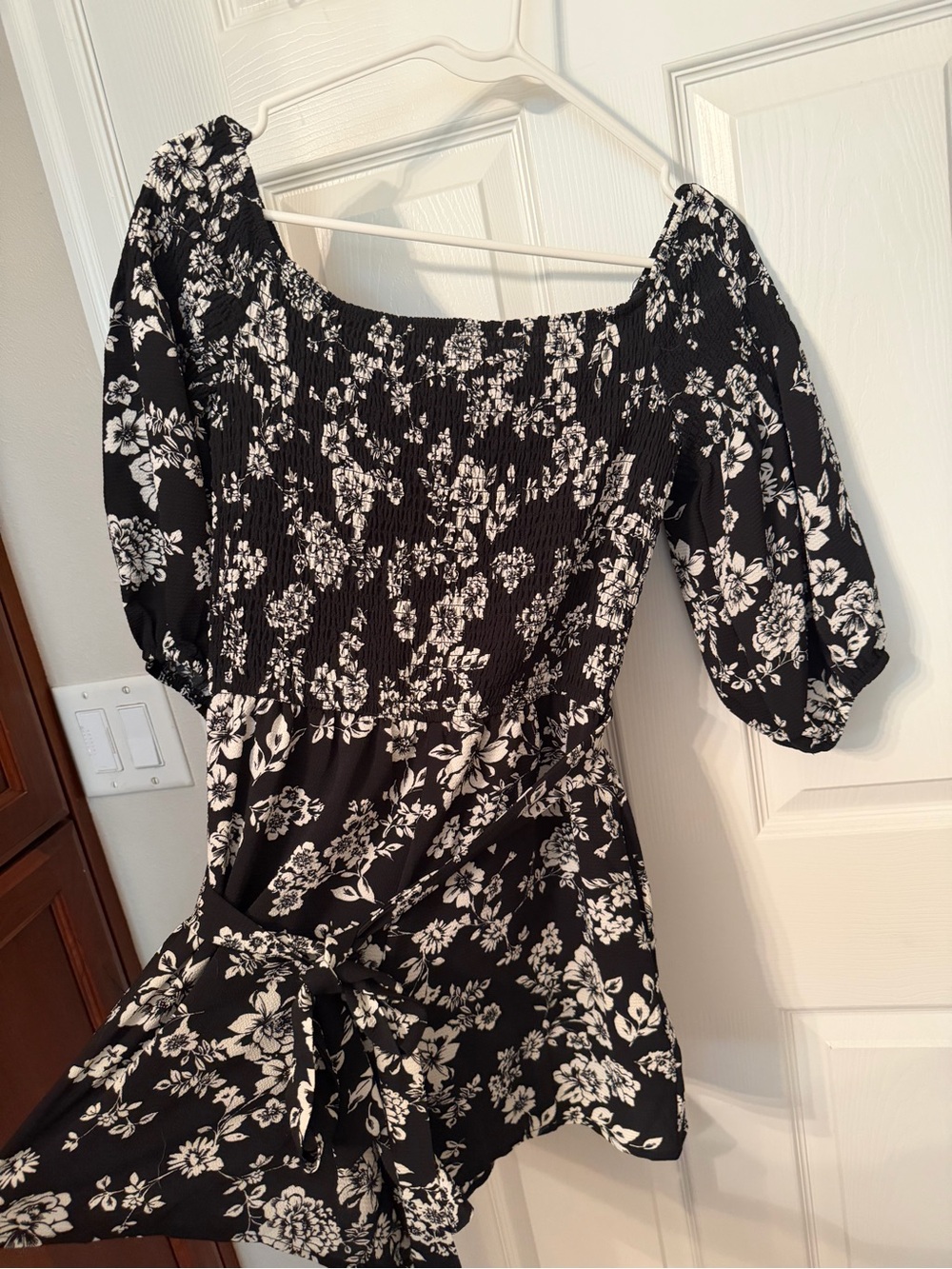 Black Floral Smocked Mini Dress with Puff Sleeves